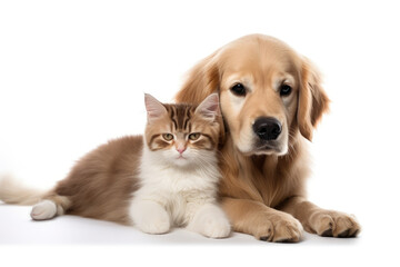 Photo of cute cat and dog hugging each other