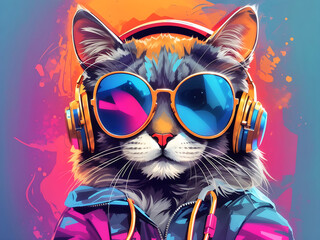 Cool cat in headphones and sunglasses listens to music. Close portrait of furry kitty in fashion style. Generative AI illustration. Printable design for t-shirts, mugs, cases, etc design.
