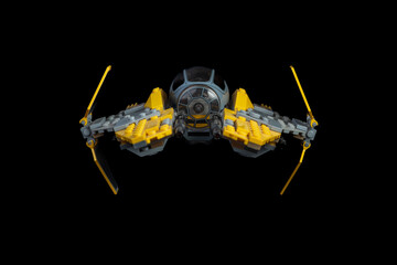 Obraz premium Depok, Indonesia - January 16, 2024: Lego toys photography, lego anakin skywalker's jedi starfighter on solid black background