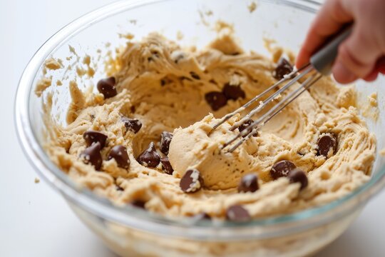 Creamy cookie dough in a mixing bowl with chocolate chips, surrounded by baking ingredients like eggs and flour on a marble kitchen counter.