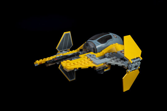 Depok, Indonesia - January 16, 2024: Lego toys photography, lego anakin skywalker's jedi starfighter on solid black background