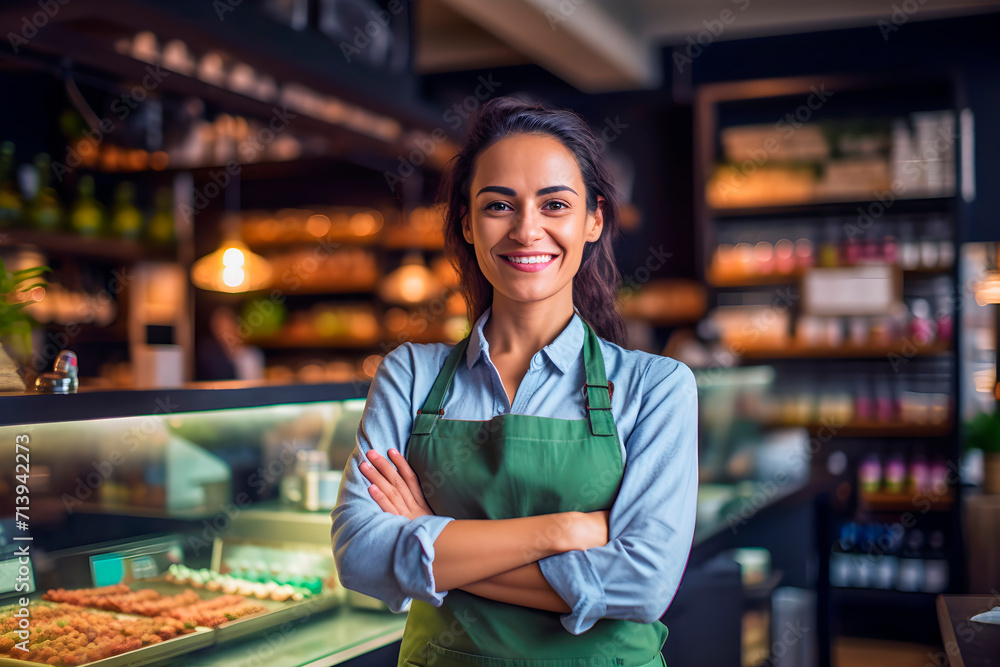 Wall mural Happy female store owner grocery with arms crossed.