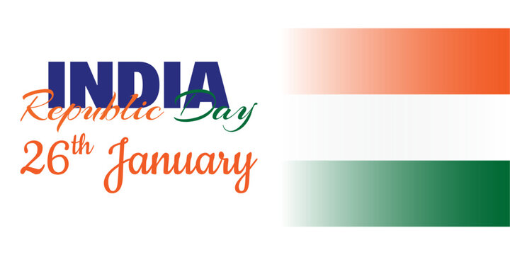 Republic Day Splendor: India's Tricolors in Bold Text, This vector celebrates India's Republic Day with bold, colorful text 'INDIA Republic Day 26th January' in the tricolors of the national flag.