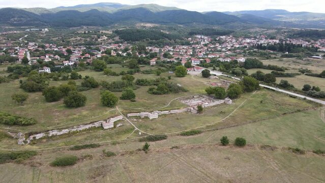 Aerial view of ruins of ancient Roman city Nicopolis ad Nestum near town of Garmen, Blagoevgrad Region, Bulgaria