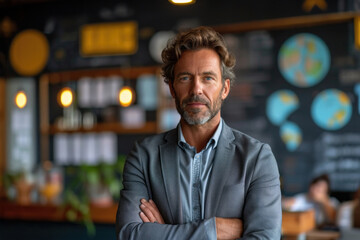 Obraz premium Positive businessman standing with arms crossed in cafe
