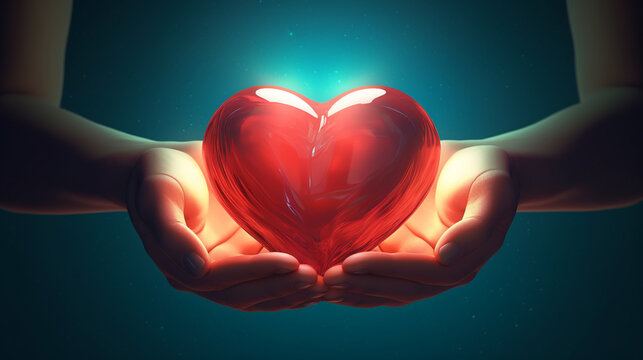 divination card hands holding a red heart which is very glossy.