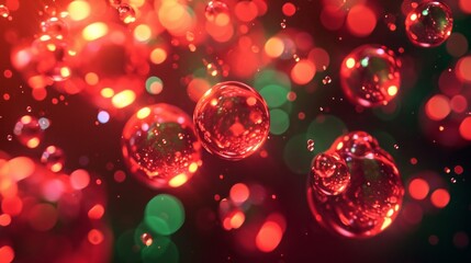 Abstract red green particles of liquid Glowing orbs background. Shiny transparent gradient backdrop. Strong depth of field.  
