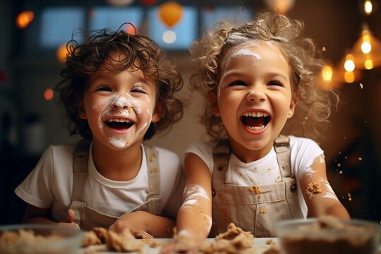 Make portrait of kids playing and smiling in kitchen kids day concept