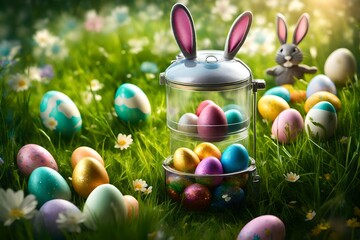 A close-up shot of the Easter Bunny Chopper's egg dispenser releasing a cascade of glittering eggs into a lush green meadow.