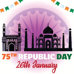 75th Republic Day: India's Monuments Bask in Tricolor Glory, This vector celebrates India's 75th Republic Day with a vibrant display of iconic Indian architectural structures silhouetted a backdrop.