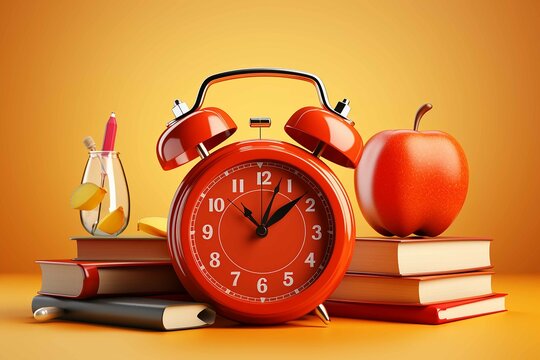 Orange alarm clock with red apple and school equipment. Back to school concept background 3D Rendering