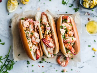 Two delicious lobster roll sandwiches overflowing with succulent meat, garnished with parsley on a plate with potato chips..