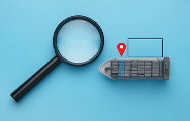 A picture of vessel miniature, pin location, square box and magnifying glass. Search booking...