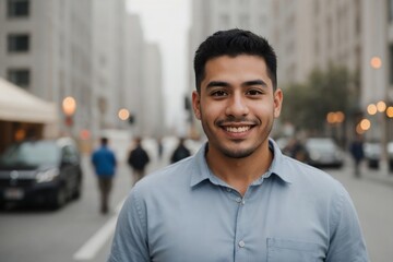 A happy Hispanic man walking outside, smiling and looking at the camera.