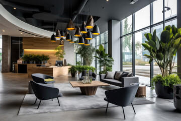 Fototapeta premium Photo of the waiting area and seating seats inside the corporate company building entrance