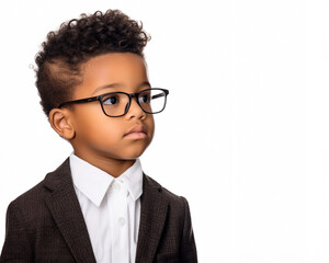 little african american boy wearing glasses on white background