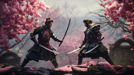 Duel of samurai warriors with swords in the garden of sakura blossom
