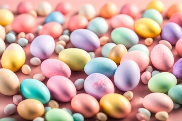 Fototapeta na wymiar Colorful candy Easter eggs arranged in a border formation on a pastel background, with soft focus to enhance the vibrant hues.