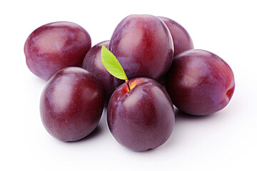 Pile of black plums, isolated white background