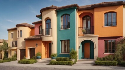 Fototapeta na wymiar Traditional private townhouses with a vibrant and colorful stucco finish, showcasing a distinctive residential exterior architecture