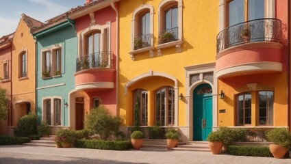 Fototapeta na wymiar Traditional private townhouses with a vibrant and colorful stucco finish, showcasing a distinctive residential exterior architecture