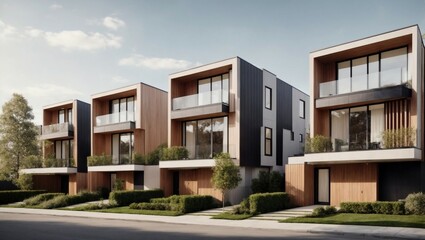 Fototapeta na wymiar Private townhouses designed with a modern modular aesthetic, featuring a minimalist architectural exterior