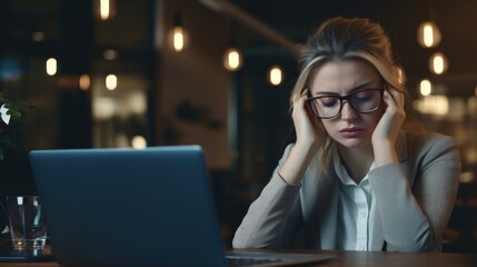 Portrait of young businesswoman in eyeglasses working on laptop in cafe Generative AI