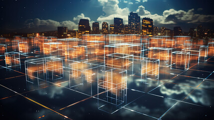 Concept of a digital city with cloud connections. Futuristic network in the clouds - obrazy, fototapety, plakaty