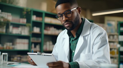 african american pharmacist in eyeglasses writing prescription in drugstore Generative AI