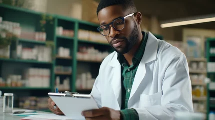 Fotobehang african american pharmacist in eyeglasses writing prescription in drugstore Generative AI © AlexandraRooss
