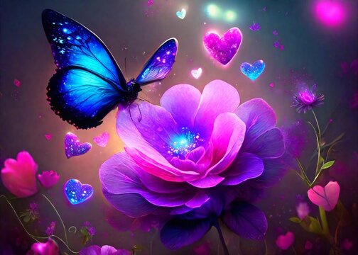Generative AI fantasy Valentine's Day background Beautiful flowers and butterflies