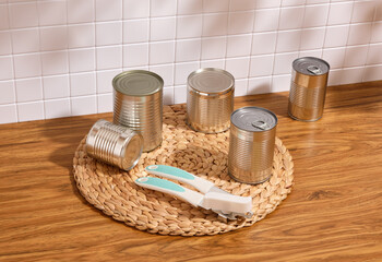 Fototapeta na wymiar Canned food cans and a can opener. Preparing lunch or dinner.