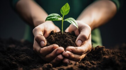 Hands holding a green plant with soil background, Earth day concept Generative AI