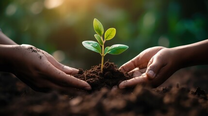Human hands holding young green plant with soil on blurred nature background, Ecology concept Generative AI