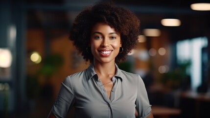 Obraz premium Portrait of a smiling african american businesswoman in office Generative AI