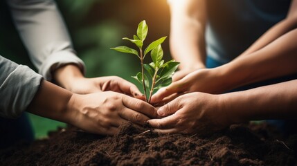 Fototapeta premium Hands of young people holding green seedling in soil with sunlight Generative AI