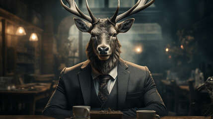 An anthropomorphic deer in a classic jacket, sitting in a cafe like a person. Generated with AI.