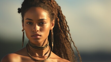 Beautiful african american woman with dreadlocks hairstyle. Generative AI