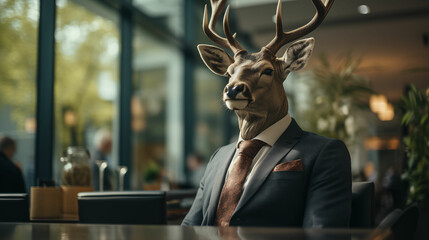 An anthropomorphic deer in a classic jacket, sitting in a cafe like a person. Generated with AI. - obrazy, fototapety, plakaty