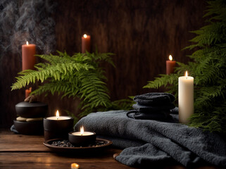 Obraz na płótnie Canvas Candlelit Massage Retreat - Towel, Candles, and Hot Stone on a Wooden Background Create a Relaxing Setting. Experience Beauty Spa Treatment for Ultimate Relaxation