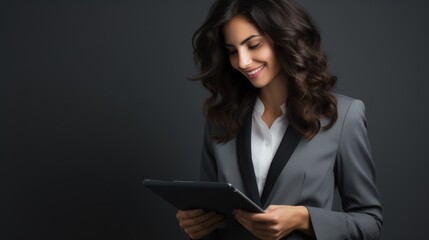 Portrait of happy smiling young businesswoman using tablet computer, over dark background Generative AI