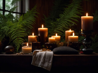 Obraz na płótnie Canvas Elevate Your Well-being - Wooden Background, Candles, and Towel Envelop a Tranquil Hot Stone Massage Experience. Unwind with Massage Therapy and Beauty Spa Treatment