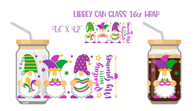 Parading with my Gnomies. Mardi Gras concept with libby glass can mockup