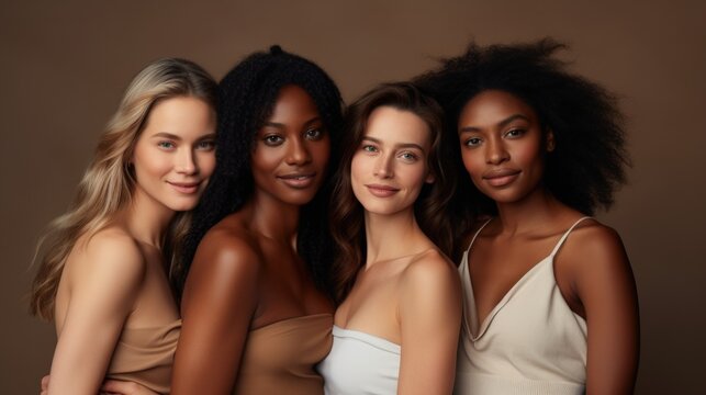 Group of four multiethnic women with different hairstyles and makeup. Generative AI