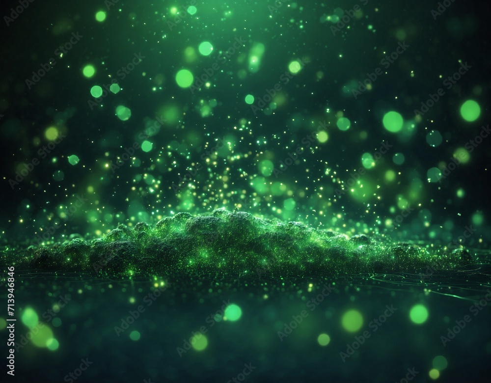 Wall mural green glow particle abstract bokeh background, green background with stars