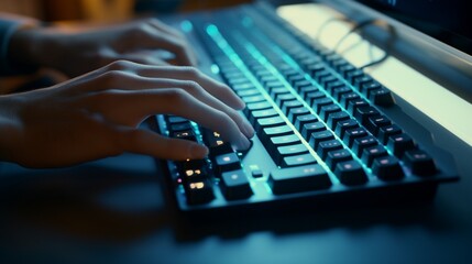 Fototapeta premium An overhead shot capturing a programmer's hands typing on a mechanical keyboard, emphasizing the tactile experience of coding.