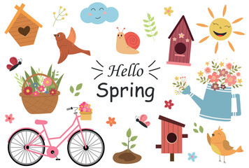 Hello Spring set, with birds, bike, flowers, birdhouses, sun and other, vector illustration in cartoon style isolated on white background