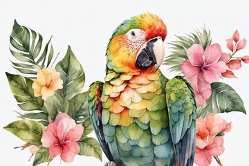 watercolor parrot with tropical flowers, painting on white, perfect for cards and invitations