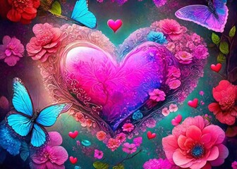 Generative AI fantasy Valentine's Day background Beautiful flowers and butterflies