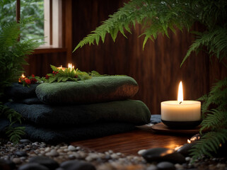 Obraz na płótnie Canvas Wooden Oasis Retreat - Towel, Candles, and Hot Stone Massage Set the Stage for a Relaxing Beauty Spa Treatment and One-Person Massage Therapy with Candle Light